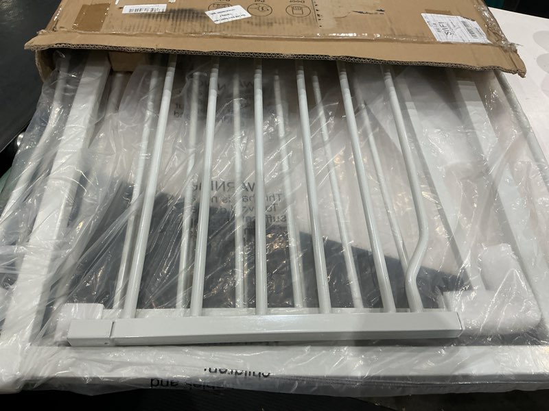 Condition photo showing As Is for extra wide baby gate with door pressure mounted 57.48-62.20 inch,child baby gates for doorways no drilling,walk through dog gate indoor for the house kitchen stairs,white 57.48-62.20inch