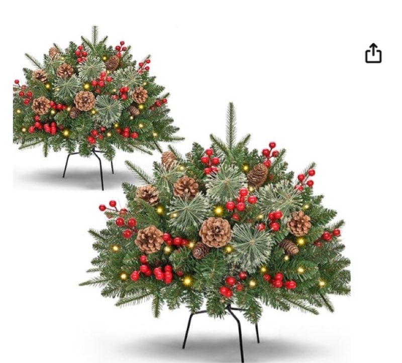Waipfaru Outdoor Christmas Tree Urn Filler, Prelit Planter Bushes, 22 Inch Lighted Artificial Christmas Tree with Cones & Red Berries for Front Porch Pot Filler Planter Christmas Decorations, 2 Pack