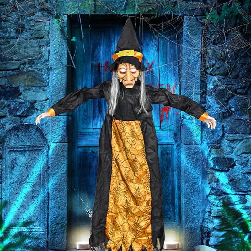 Halloween Animatronics Hanging Witch Halloween Decorations Outdoor, 69 inches Creepy Sound Activated Halloween Animated Talking Witch Light-up Eyes for Outside Haunted House Indoor Party Yard Props