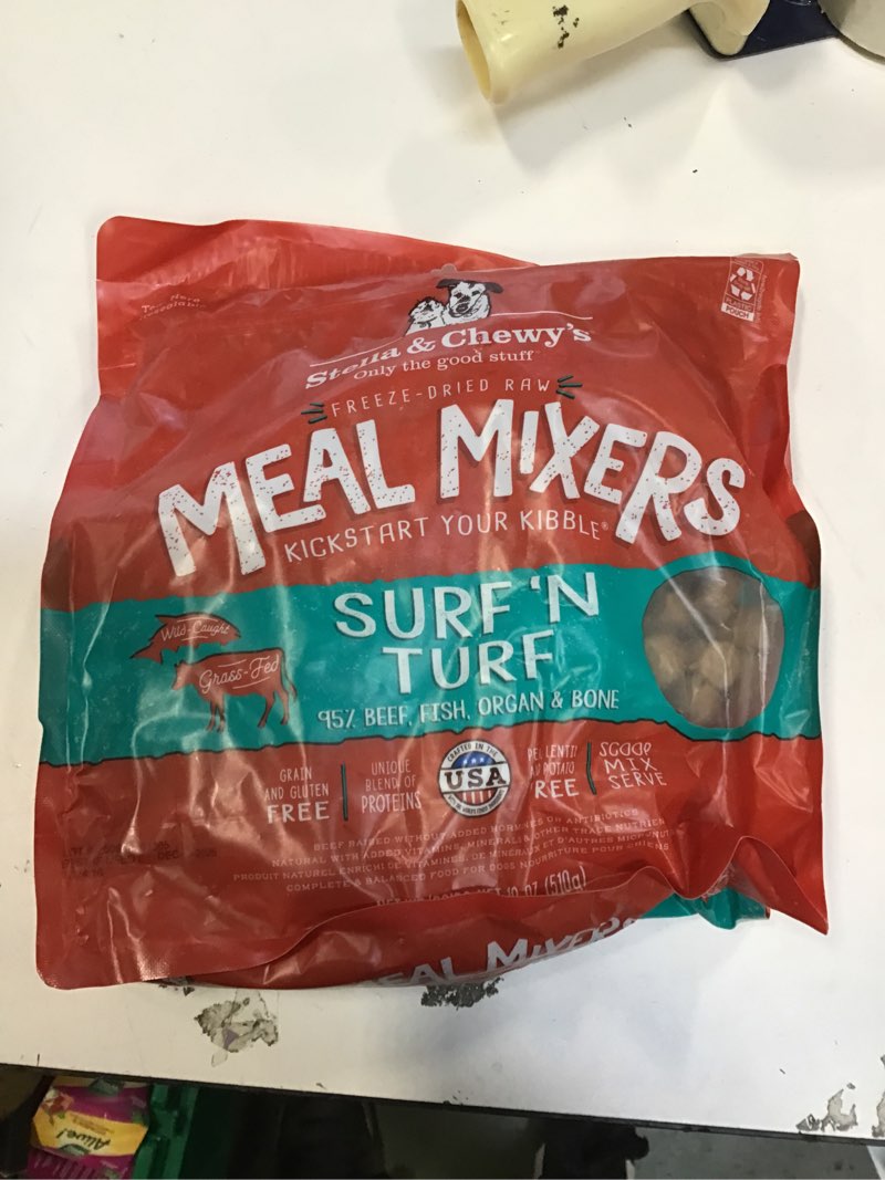 Condition photo showing New/Like New for Stella & Chewy's Freeze-Dried Raw Surf & Turf Meal Mixers - Dog Food Topper and Mixer - Made with 95% Grass-Fed Beef & Wild-Caught Salmon - Perfect for Picky Eaters - Grain-Free - 18 oz Surf 'n Turf 1.13 Pound (Pack of 1)