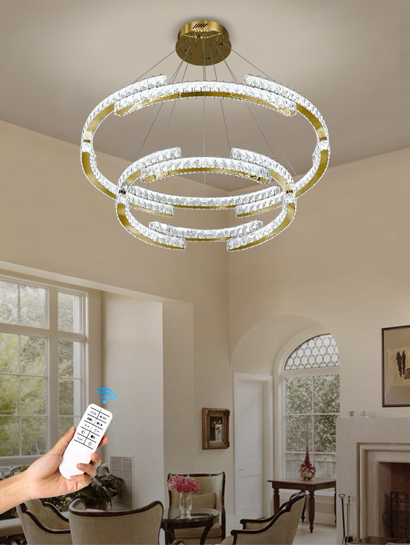 IDEQUY D32''+D20'' Modern Gold 2 Ring Crystal Chandeliers for Living Room Crystal Pendant Light Foye