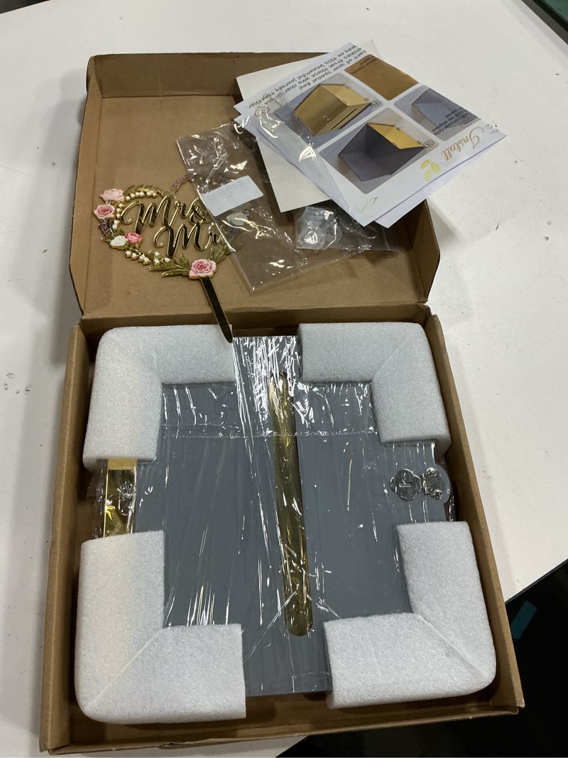 Condition photo showing New/Like New for acrylic gold card box with lock & slot, metallic golden classy wedding card boxes for reception, luxury money gift cards box for party engagement bridal shower luxury wedding table decor