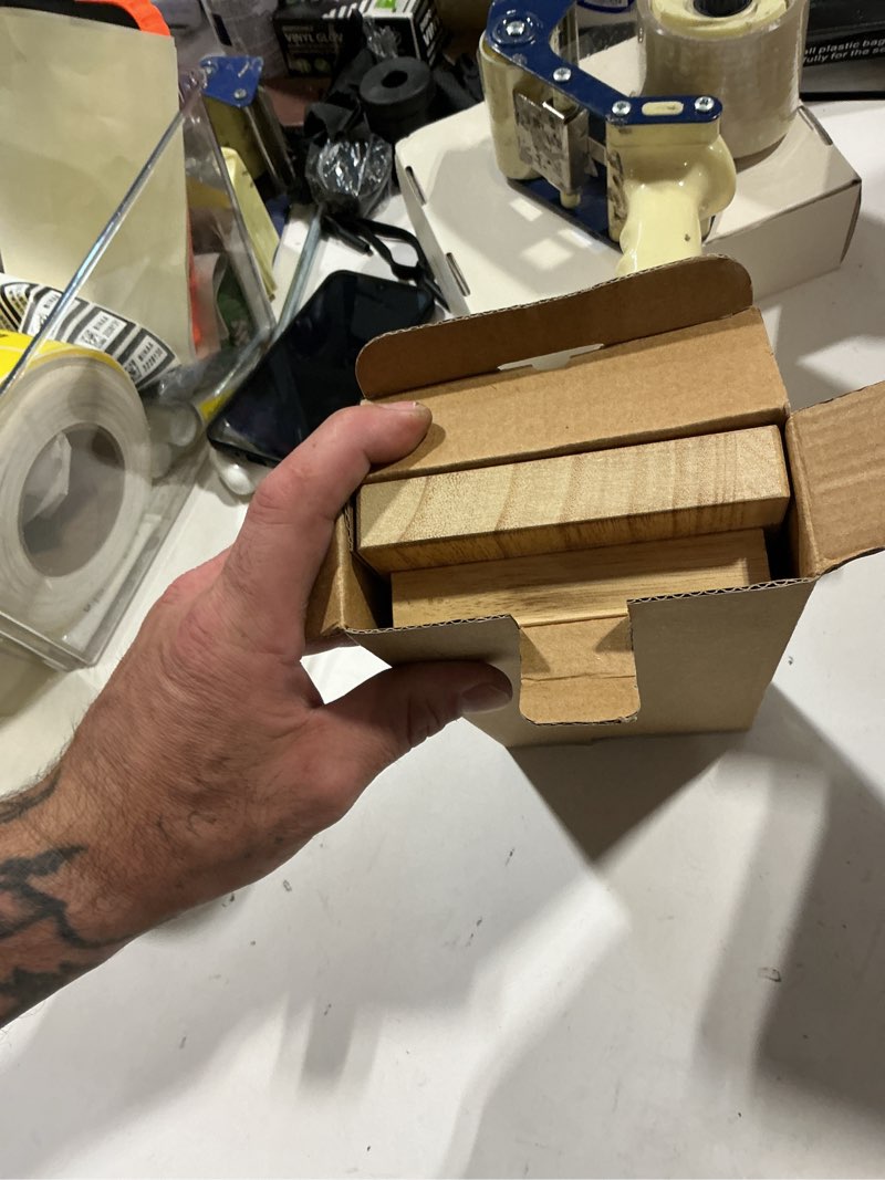 Condition photo showing Good Condition for wood bathroom tray farmhouse decor kitchen soap holder, 10"x4.5" brown | waterproof, lightweight, easy clean, small wooden riser pedestal stand accessories for office desk, vanity, counter, sink brown 10" x 4.5" x 1.6"