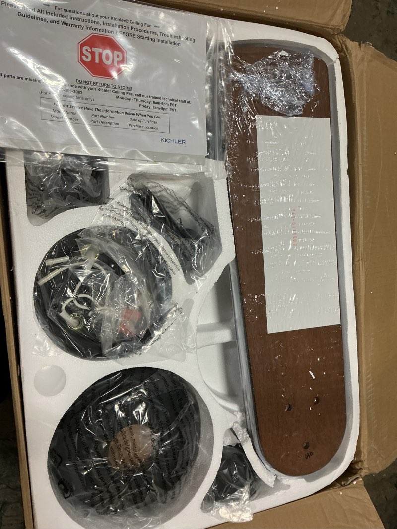 Condition photo showing New/Like New for kichler 310239dbk lyndon patio 52 outdoor ceiling fan w/led lights & wall control, distressed black