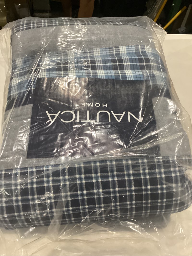 Condition photo showing New/Like New for nautica – queen quilt set, reversible bedding with matching shams, plaid and stripe room decor lightweight bed set, college dorm room essentials (addison blue)