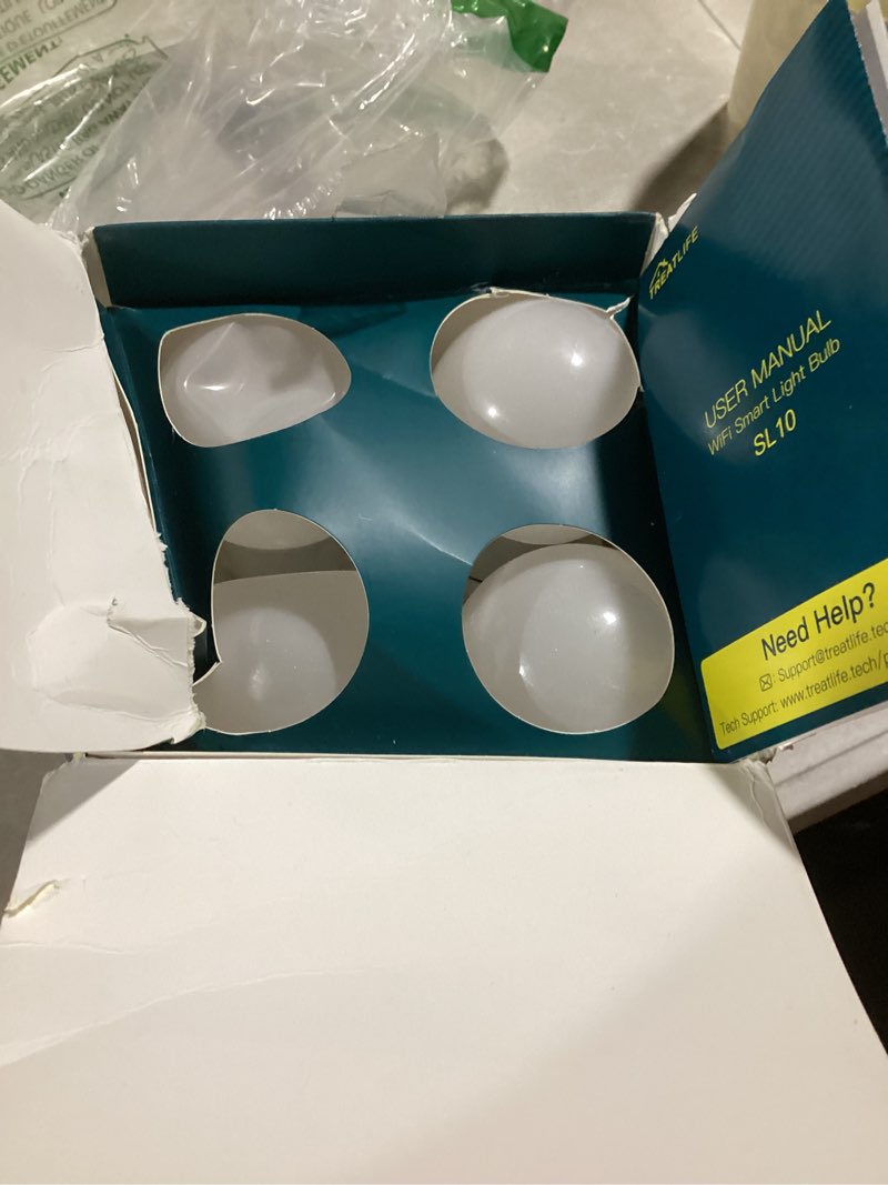 Condition photo showing As Is for SYLVANIA Wifi LED Smart Light Bulb, 60W Equivalent Full Color and Tunable White A19, Dimmable, Compatible with Alexa and Google Home Only - 4 Pack (75674)