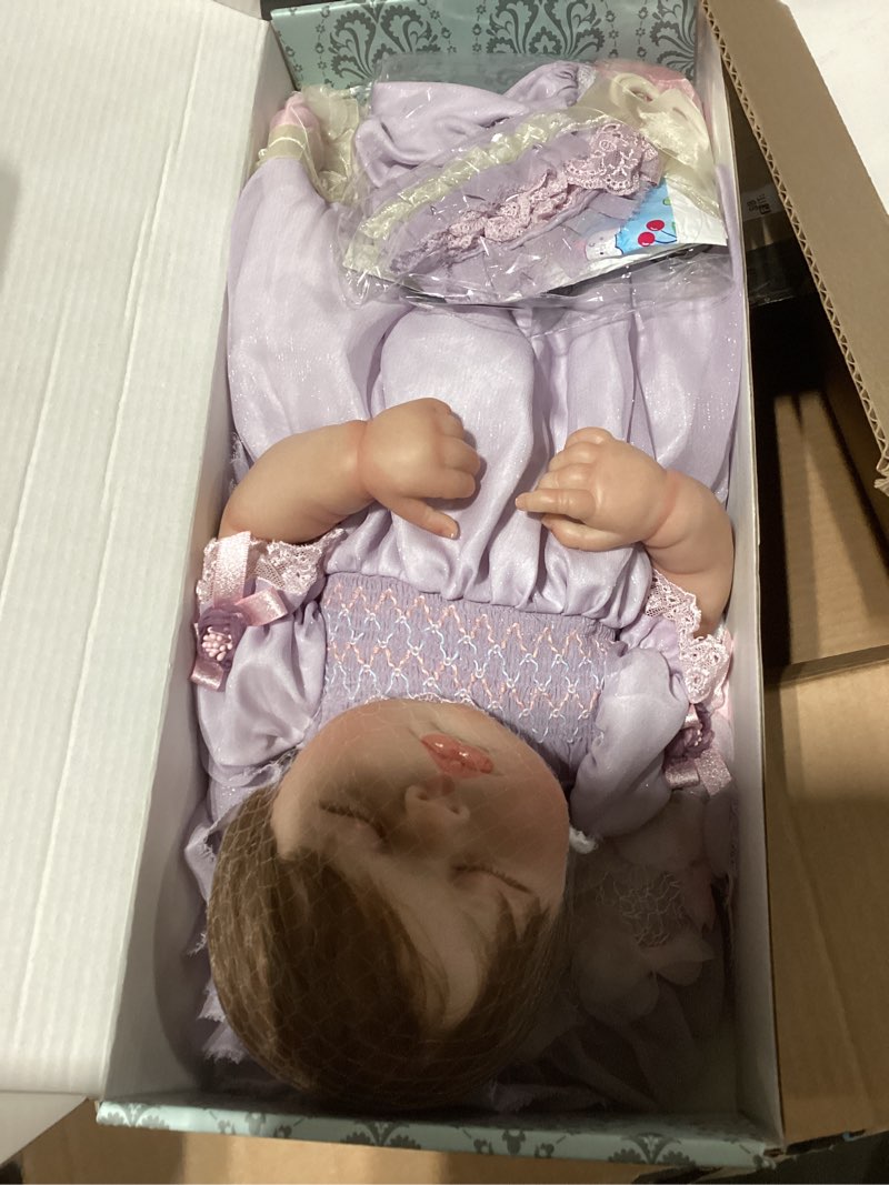 Condition photo showing As Is for 20inchs 50cm Lifelike Reborn Baby Doll, Adjustable Posture Vinyl & Fabric Newborn Doll with Removable Dress, Realistic Baby Doll with Magnetic Pacifier for Gifts,Name Yume Purple