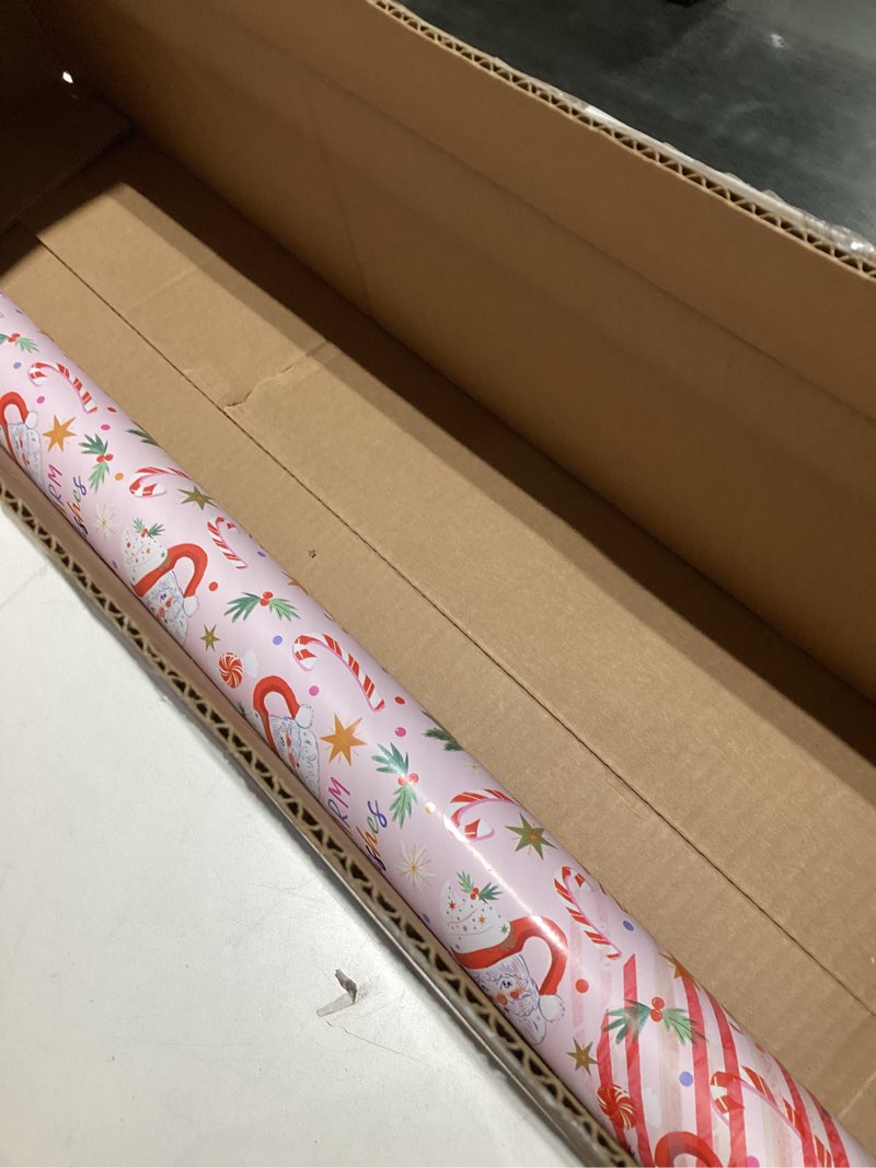 Condition photo showing New/Like New for WRAPAHOLIC 30 Inch Reversible Christmas Wrapping Paper - 30 Inch x 33 Feet - Santa Claus Cup and Stripe Wrapping Paper for Chrsitmas, Holiday, Party Celebration 30 inch x 33 feet (Pack of 1) Pink & Red - Santa Claus Cup