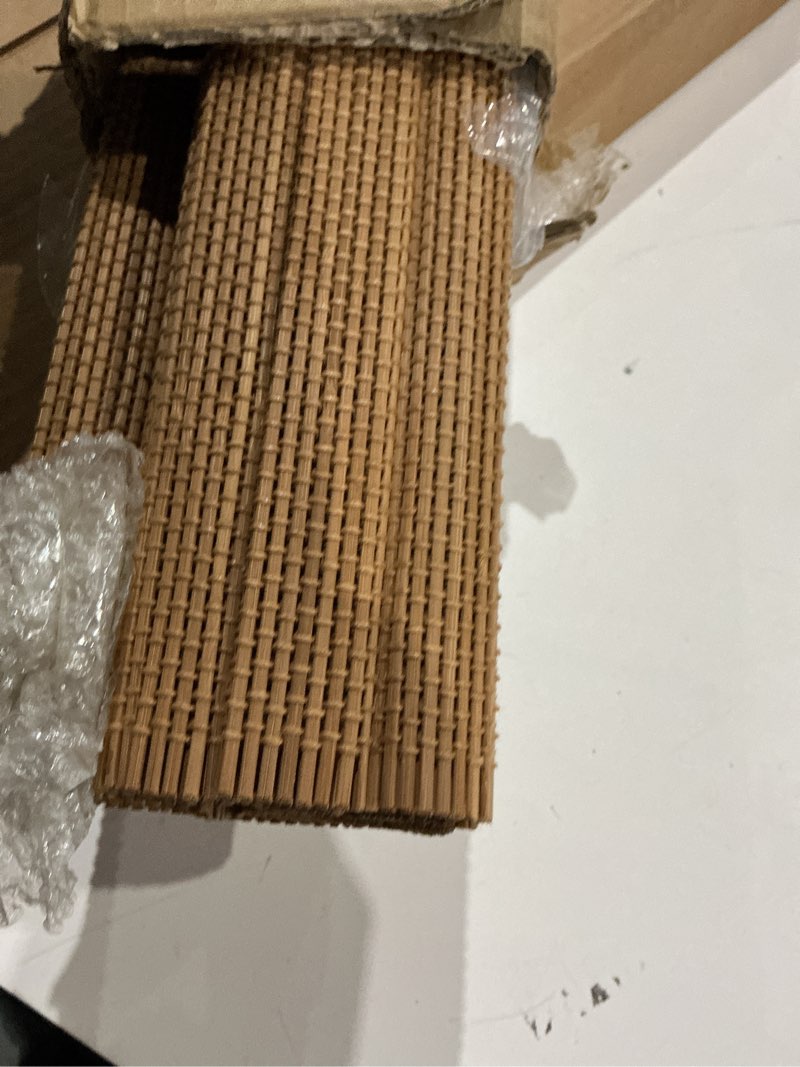 Condition photo showing Good Condition for agesisi bamboo roman blinds with valance cover, cordless blinds for indoor windows, light filtering woven wood blinds for home and patio, protection
