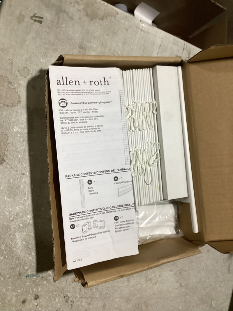 Condition photo showing As Is for allen + roth cordless faux wood 2-in slat width 9-in x 72-in cordless white faux wood room darkening faux wood blinds
