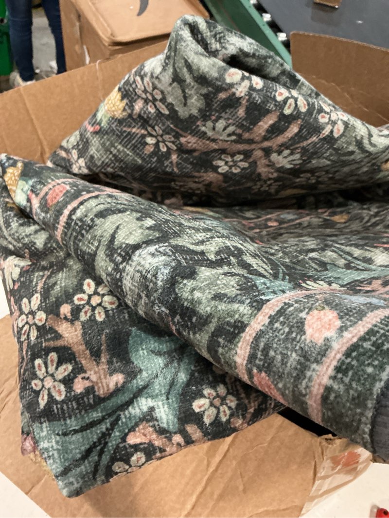Condition photo showing As Is for vintage dark green living room rug, 8x10 washable area rugs for dining room under kitchen table, bedroom, oriental low pile stain resistant non-slip large carpet (8x10 dark green) dark green / black 8' x 10' (rectangular)