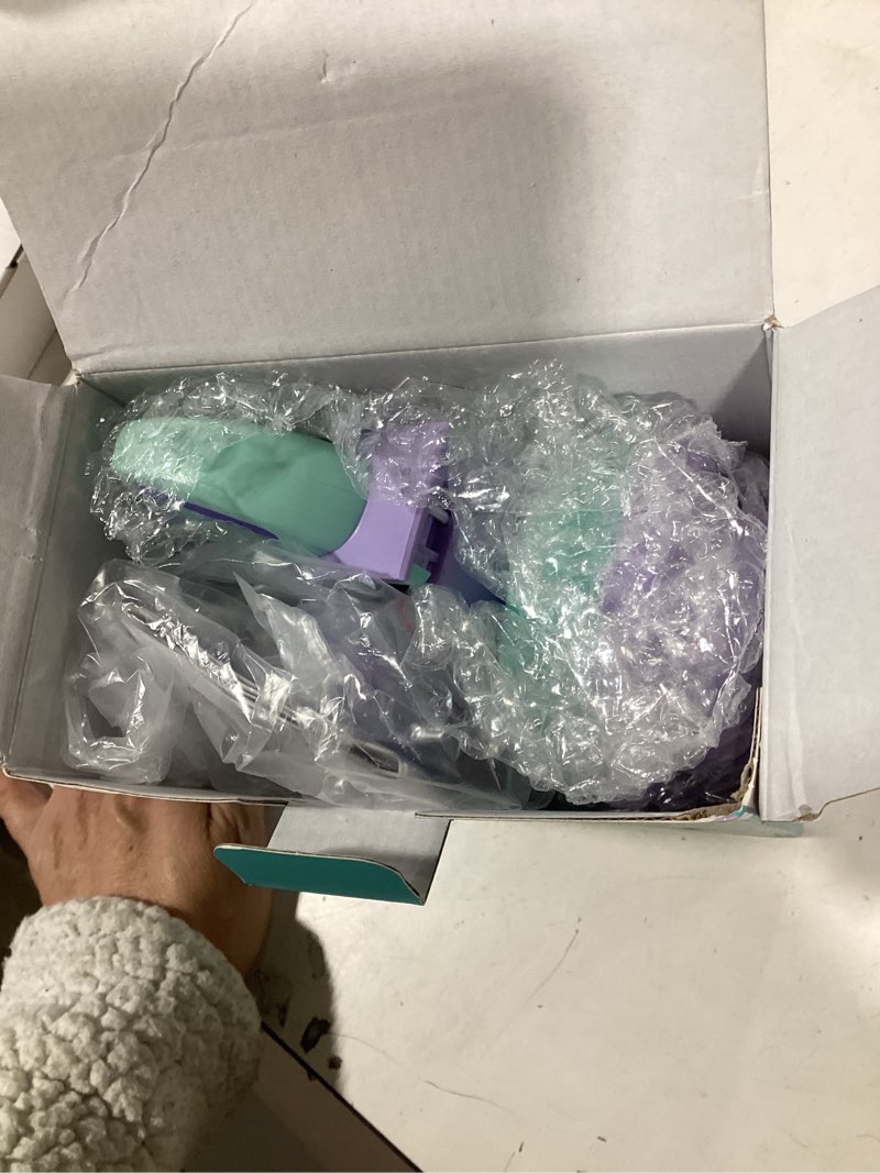 Condition photo showing New/Like New for riwbox kids wireless headphones, ct-7s cat ear bluetooth, 85db volume limiting, led light up over ear with microphone for laptop/pc/tv (purple&green)