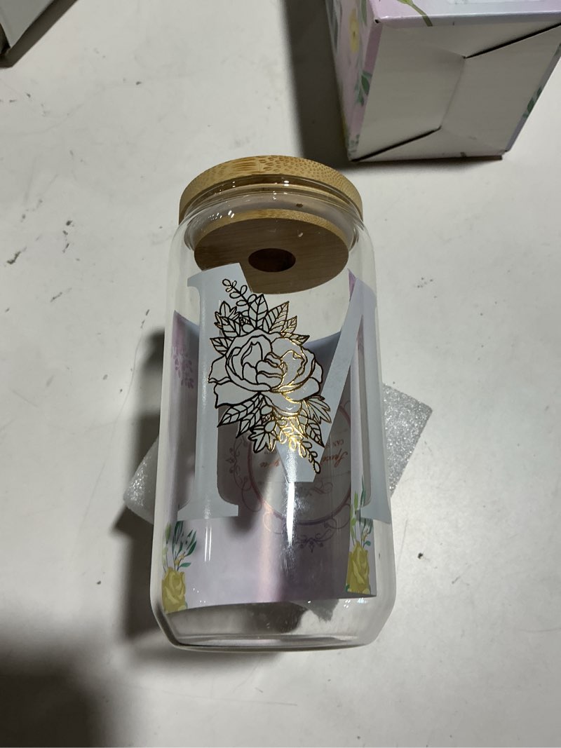 Condition photo showing As Is for coolife initial glass cup, monogrammed gifts for women, 16oz glass cups w/lids straws, iced coffee smoothie beer tumbler w/straw lid, personalized mothers day, birthday gifts for woman mom friend her