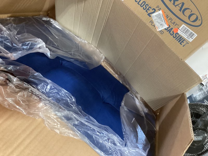 Condition photo showing Good Condition for storage ottoman, lounge for living room, apartment & office, blue flannel-blue