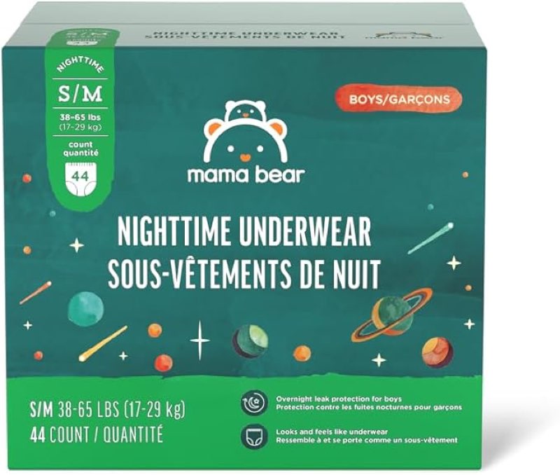 Amazon Brand - Mama Bear Boy's Nighttime Underwear for Bedwetting, Overnight Protection, Hypoallergenic, Size S/M (38-65 lbs), 44 Count, White