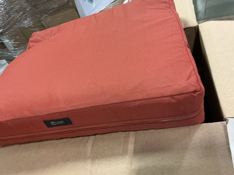 Condition photo showing Good Condition for Classic Accessories Ravenna Water-Resistant 21 x 19 x 5 Inch Outdoor Seat Cushion, Durable Patio Furniture Cushion with Straps,Spice, Patio Loveseat Cushion