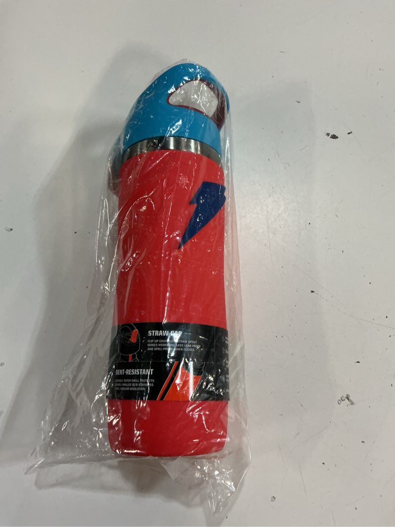Condition photo showing Good Condition for gatorade 'overtime' 32oz stainless steel water bottle, straw cap, red/blue straw cap 32 ounces red/blue
