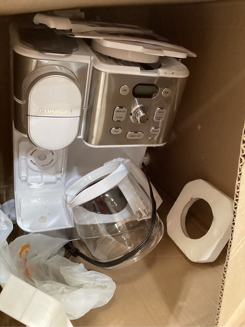 Condition photo showing As Is for cuisinart 12-cup coffee maker, single-serve brewer glass carafe, automatic hot & iced coffee machine, brew strength control and brew pause, ss-16w, white