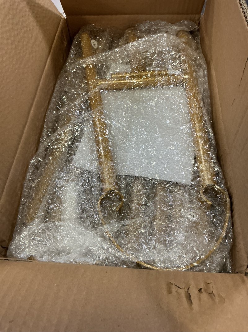 Condition photo showing New/Like New for gold metal round tube scroll easel adjustable floor standing with chain support, perfect for pictures, artwork, frames, wedding signs & posters