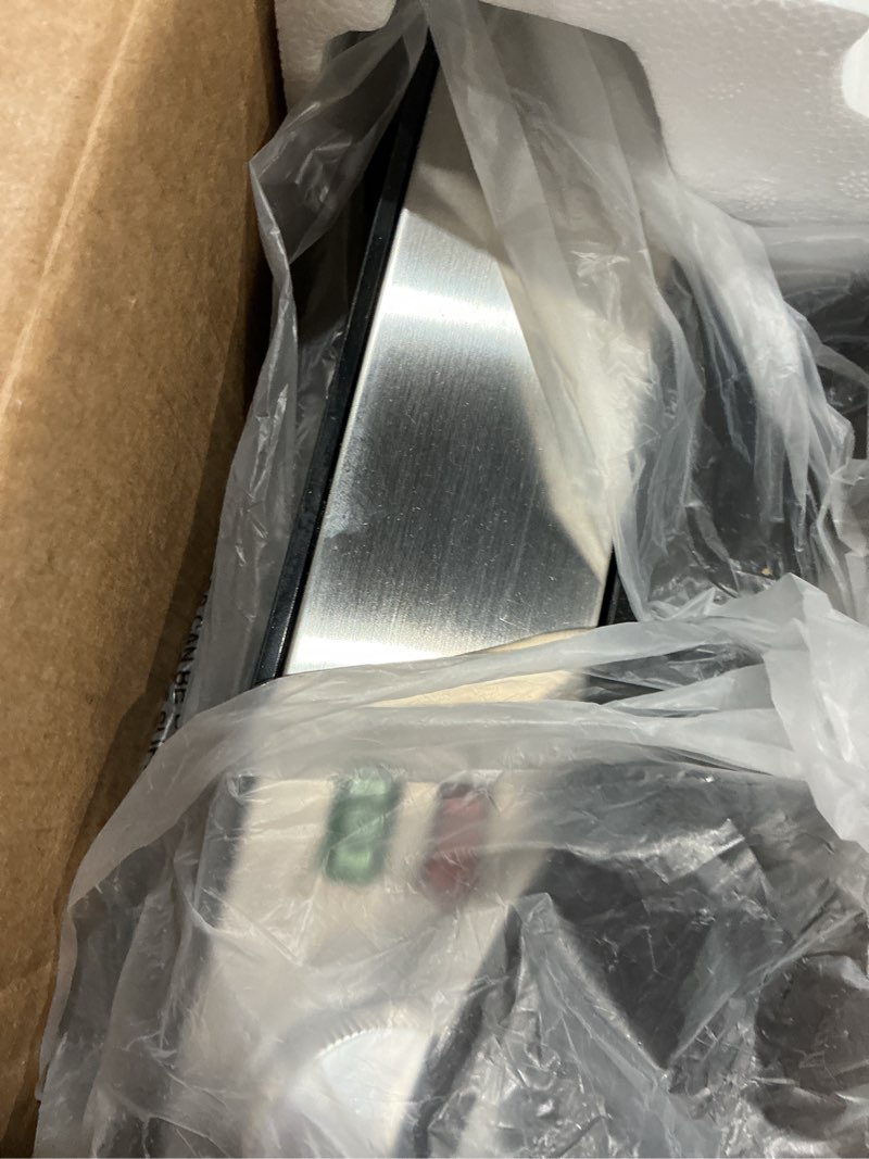 Condition photo showing As Is for panini press grill, 1000w sandwich maker with non-stick coated plates, opens 180 degrees for any size of food, 3-in-1 electric sandwich press grill, surface of