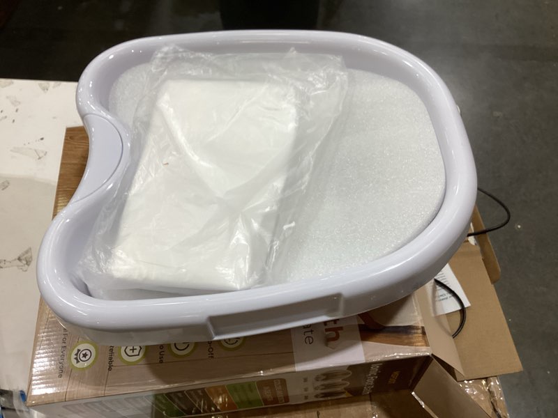 Condition photo showing New/Like New for upgraded ionic foot bath detox machine, foot spa bath for home use, foot cleaner machine to remove toxins with 2 arrays, 15 disposable foot bath liners, detox sea salt, upgraded durable basin