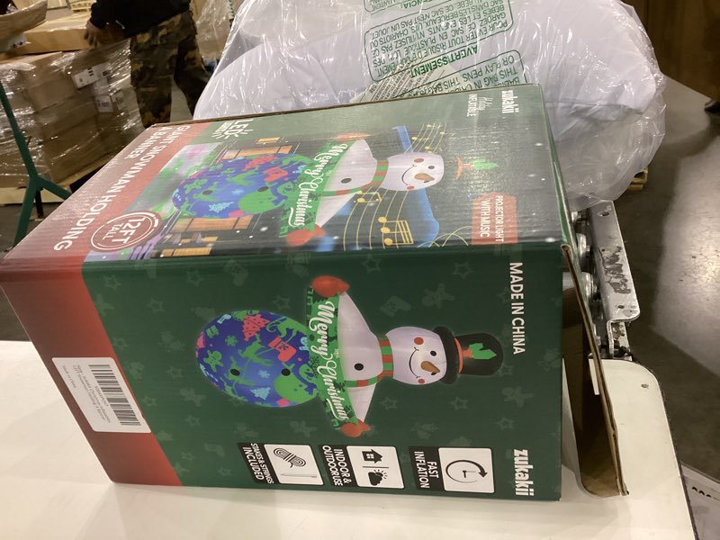 Condition photo showing As Is for 12FT Giant Christmas Inflatables Snowman Decorations Built-in Music & 360° Rotation 3-Color Projector LED Light Huge Christmas Blow Up Yard Decorations Outdoor Xmas Garden New Year 12FT Music Snowman Holding A Banner