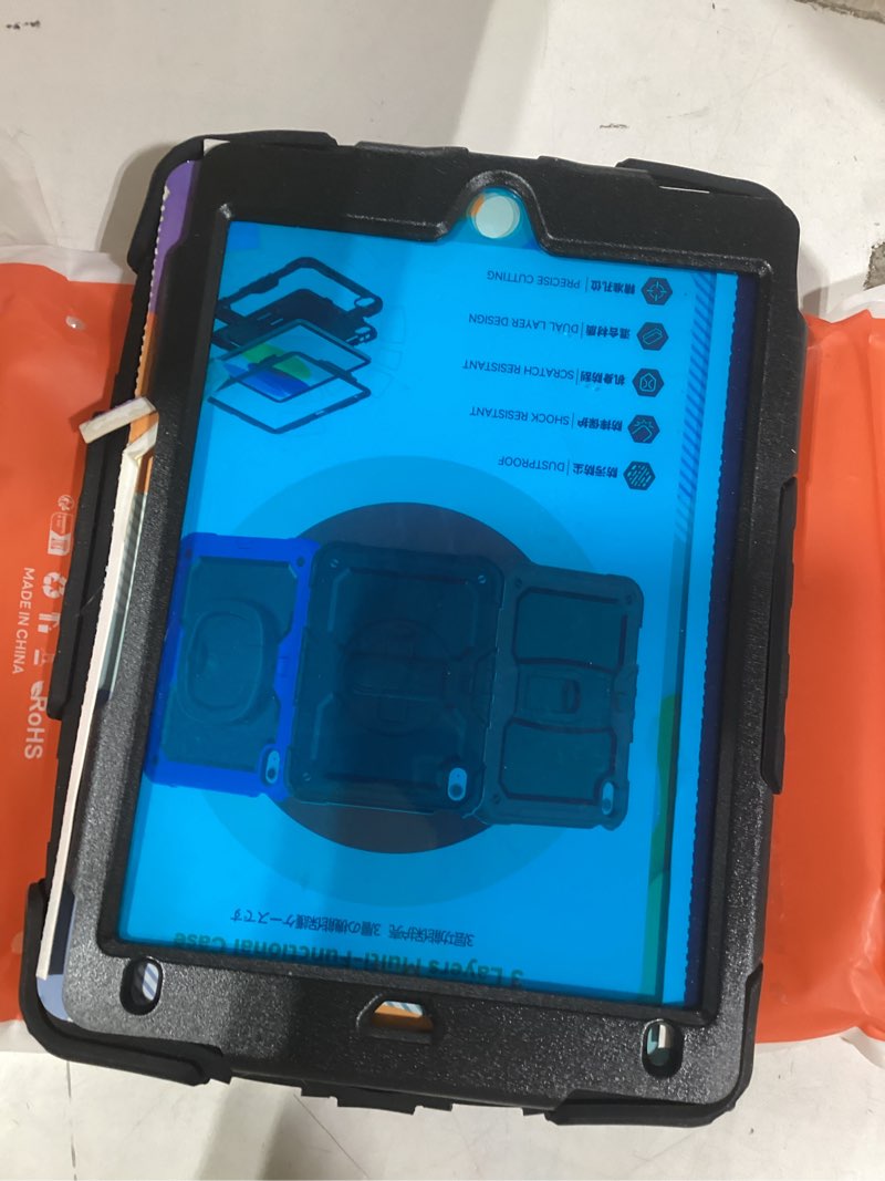 Condition photo showing Good Condition for SEYMAC stock Case for iPad 6th / 5th Generation Case/Air 2 / Pro 9.7 inch, Heavy Duty Protective with Screen Protector, with Pencil Holder, Hand Strap, Shoulder Strap, 360 Rotate Stand, Black Black+Back