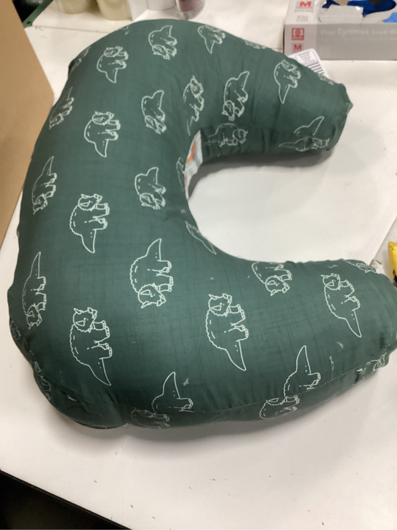 Condition photo showing Good Condition for Boppy Nursing Pillow - Ergonomic Bottle & Breastfeeding Pillow with High, Firm, Large Area, Water-Repellent Cushion with Washable Cover; Baby Safety Alliance Verified - Forest Green Dinos New Nursing Pillow Forest Green Dinos