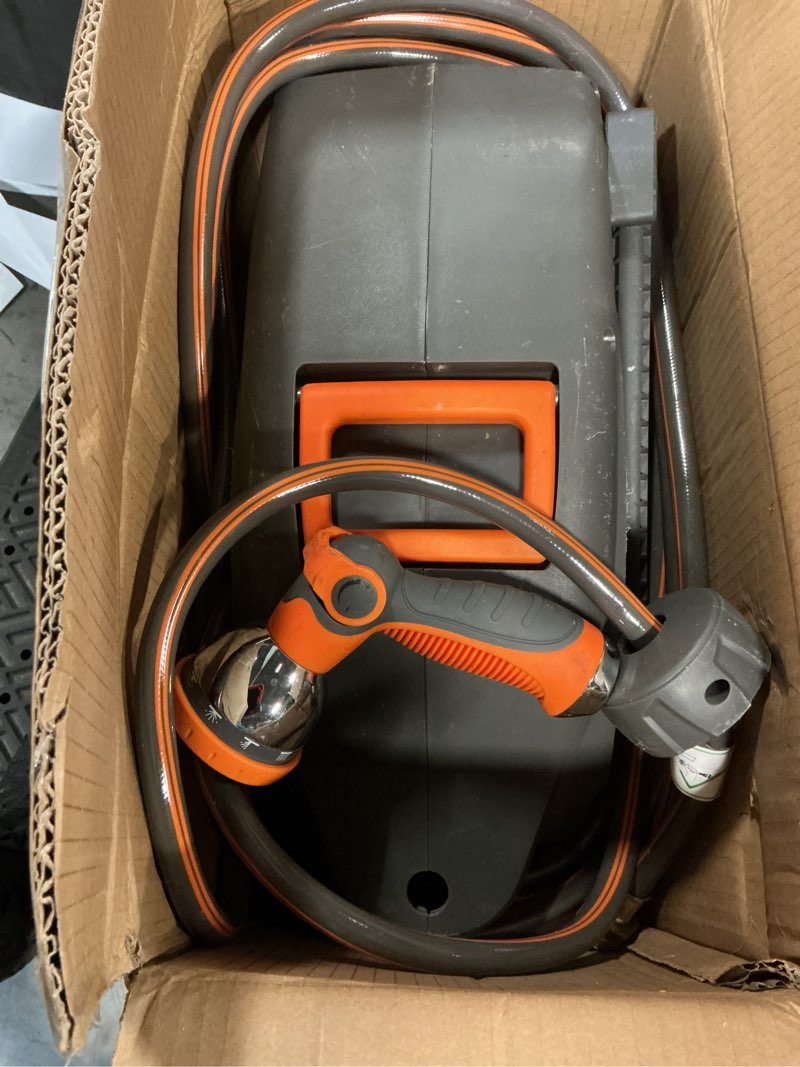 Condition photo showing As Is for retractable garden hose reel 100 ft, 1/2" heavy duty garden hose 435 psi burst pressure, wall mounted water hose reel with 10-pattern nozzle, 180° swivel, slow auto rewind & any length lock gray & orange
