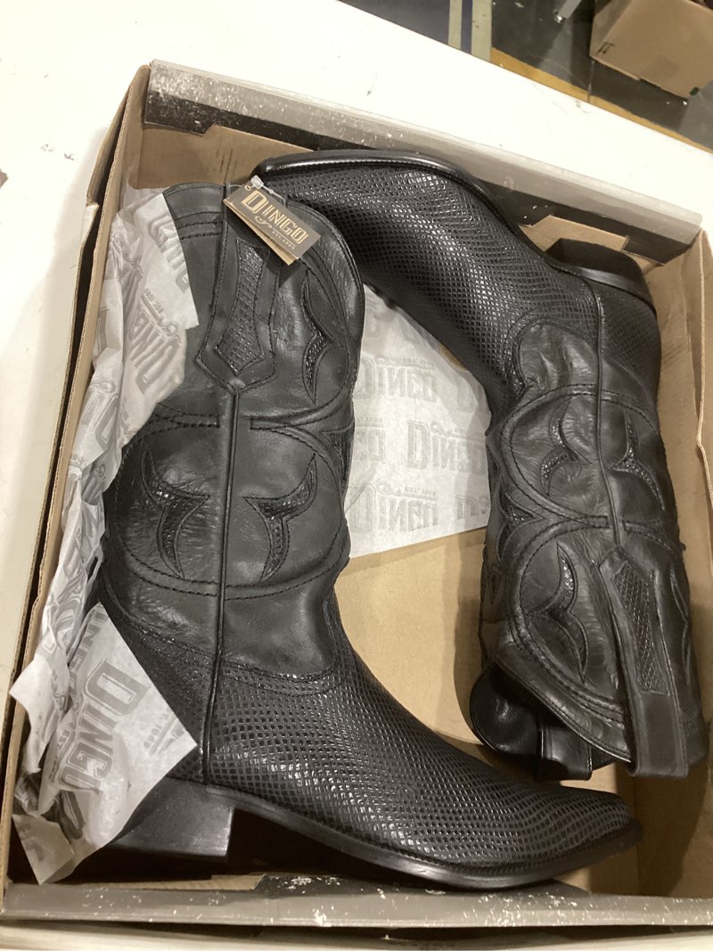 Condition photo showing As Is for dingo men's dodge city 12” lizard print western boots, black, size 10