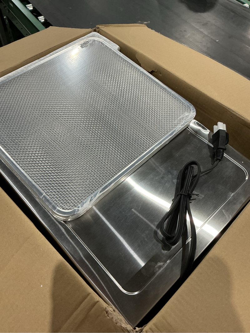 Condition photo showing As Is for cosori food dehydrator, bigger than 7 trays with large 6.5" drying space, 600w power saves more time than 480w, 165°f dehydrated dryer for jerky, herbs, meat, fruit, and yogurt, silver,stainless steel silver 6 trays dehydrator