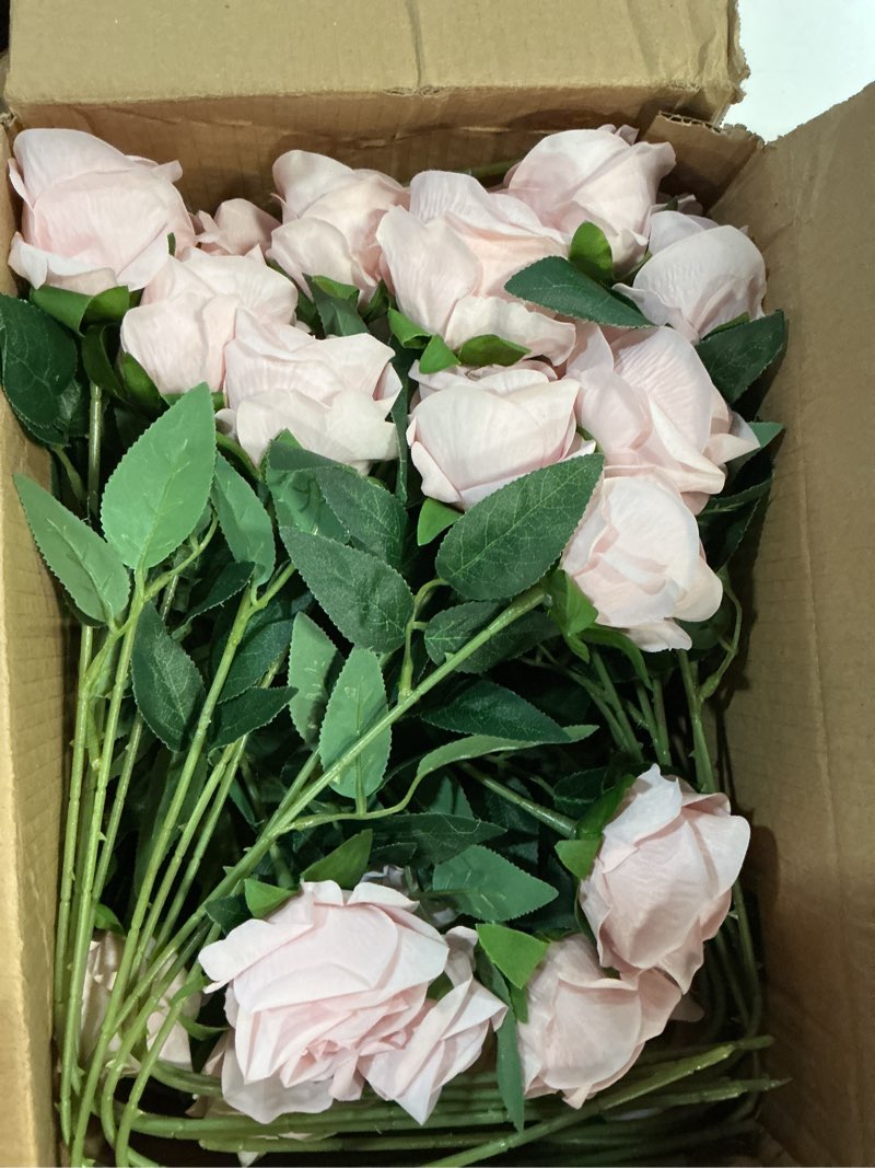 Condition photo showing New/Like New for 50 pcs roses artificial flowers, fake roses with stem realistic blush silk rose for diy wedding bouquets table centerpieces arrangements baby shower birthday home decor valentines day gift for her