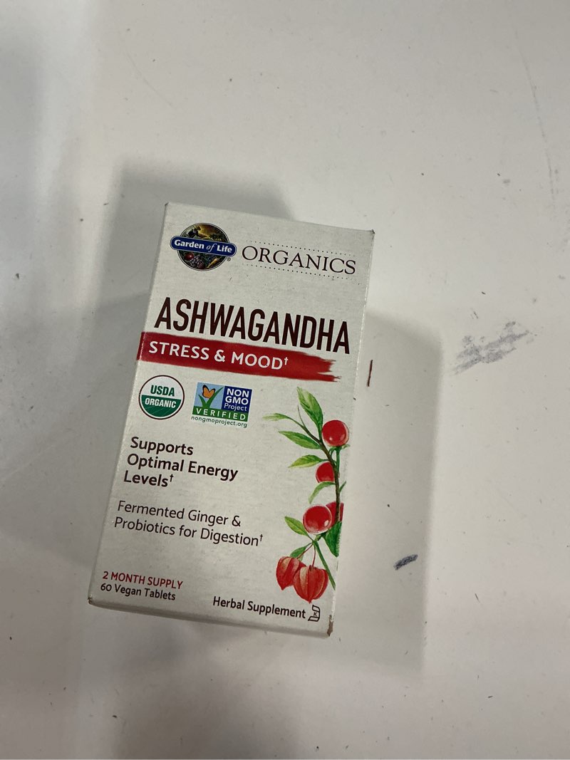 Condition photo showing New/Like New for (Best used by 03/2026)Garden of Life Organic Ashwagandha Supplement with Probiotics & Ginger - Stress, Mood & Energy Support, Vegan, Gluten Free, Non GMO, 2 Month Supply, 60 Tablets