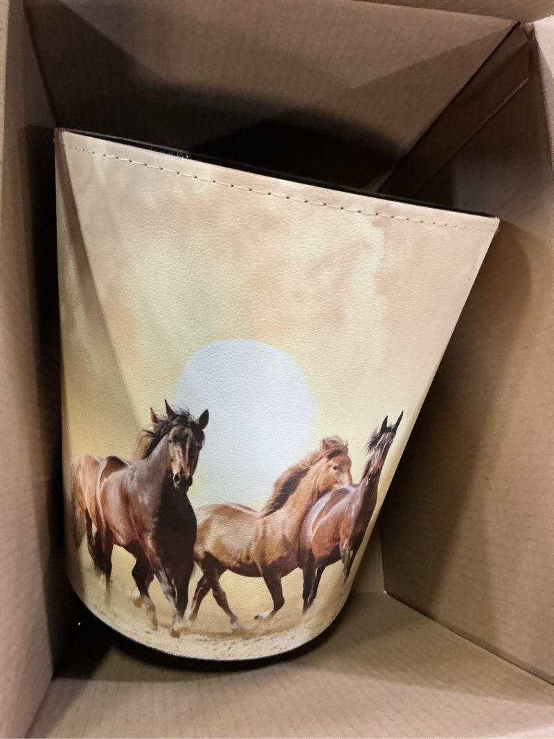 Condition photo showing New/Like New for 10l/2.64 gallon pu leather trash can waterproof decorative paper basket for bedroom bathroom - (horse pattern a) horse-1