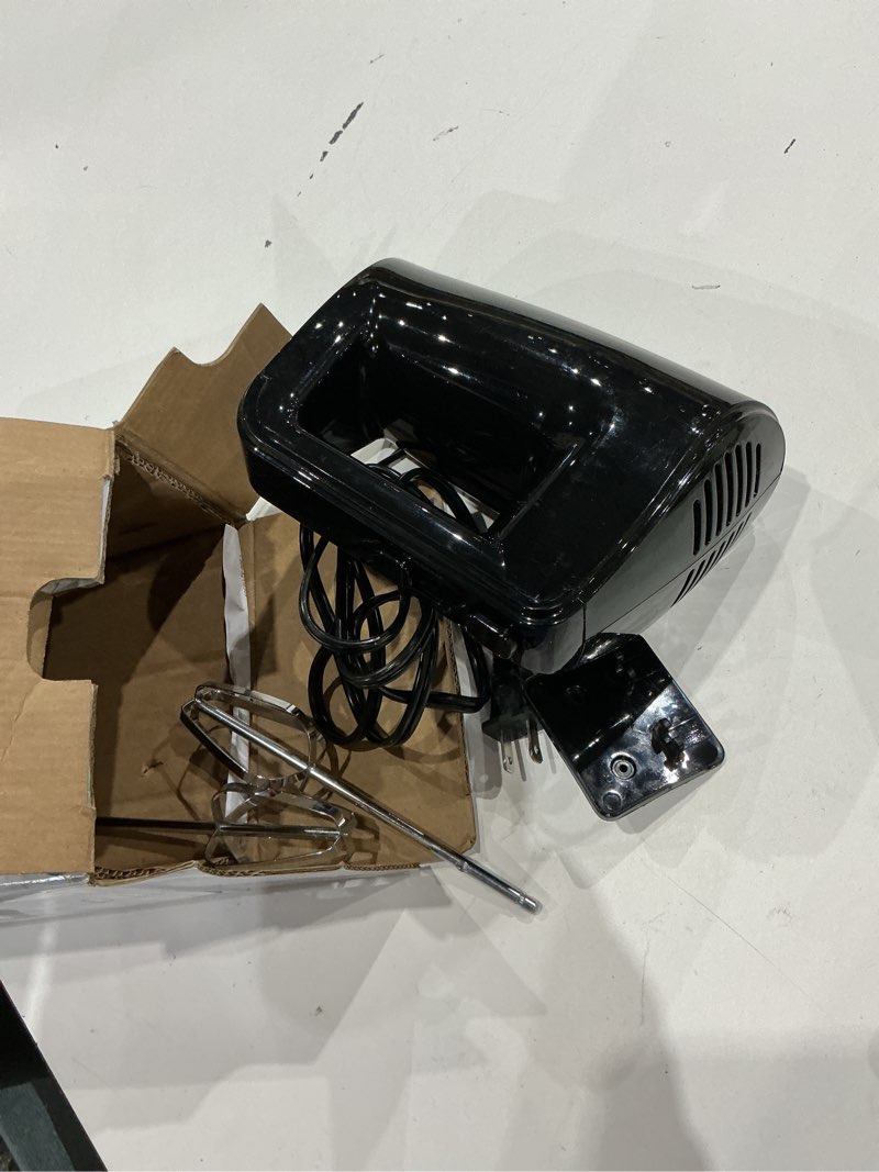 Condition photo showing As Is for mainstays 5-speed corded hand mixer black with 2 beaters, new