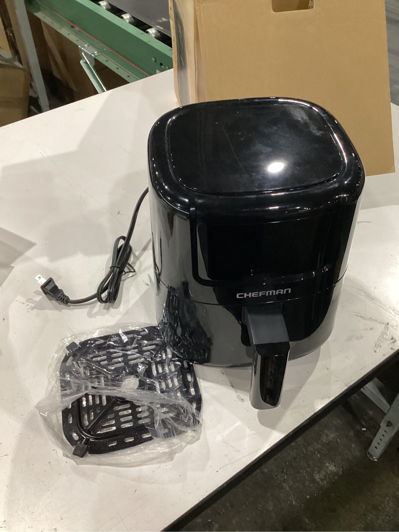 Condition photo showing New/Like New for chefman 2 qt mini air fryer – digital space-saving compact air fryer with nonstick and dishwasher safe basket, quick & easy meals in minutes, features digital timer and shake reminder – black 2 quart black