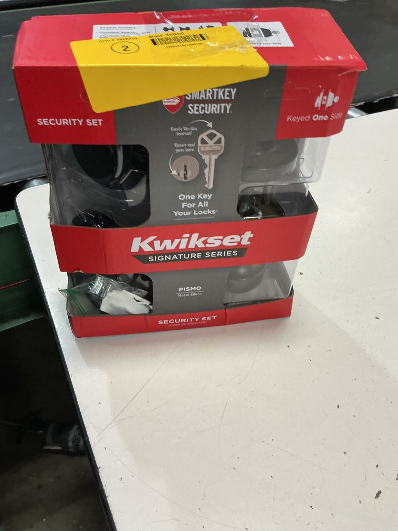 Condition photo showing As Is for kwikset pismo round rose matte black knob door combo pack featuring smartkey security