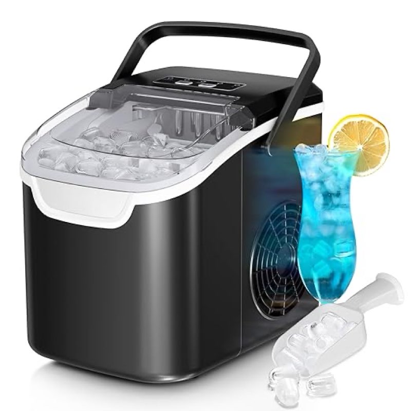  Antarctic Star Countertop Ice Maker Machine, 8 Ice Cubes in 6 mins, 26lb/Day Ice with 2 Sizes- Portable Mini, Energy Saving & Basket/Scoop for Home/Party/Travel/Camping/Bar, Dark Black