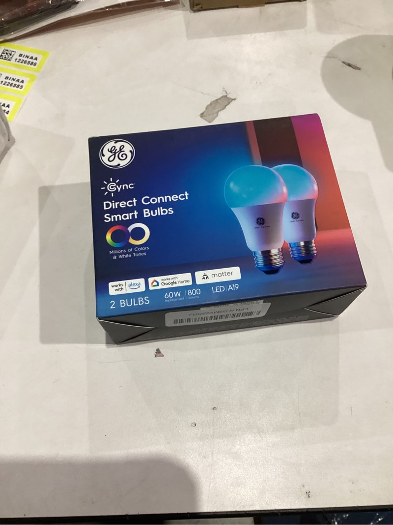 Condition photo showing New/Like New for GE Cync A19 LED Smart Light Bulbs, Room Decor Aesthetic Bluetooth and WiFi Color Changing Lights, LED Indoor Light Bulb, Compatible with Alexa and Google (2 Pack) Full Color 2 Bulbs (Pack of 1)