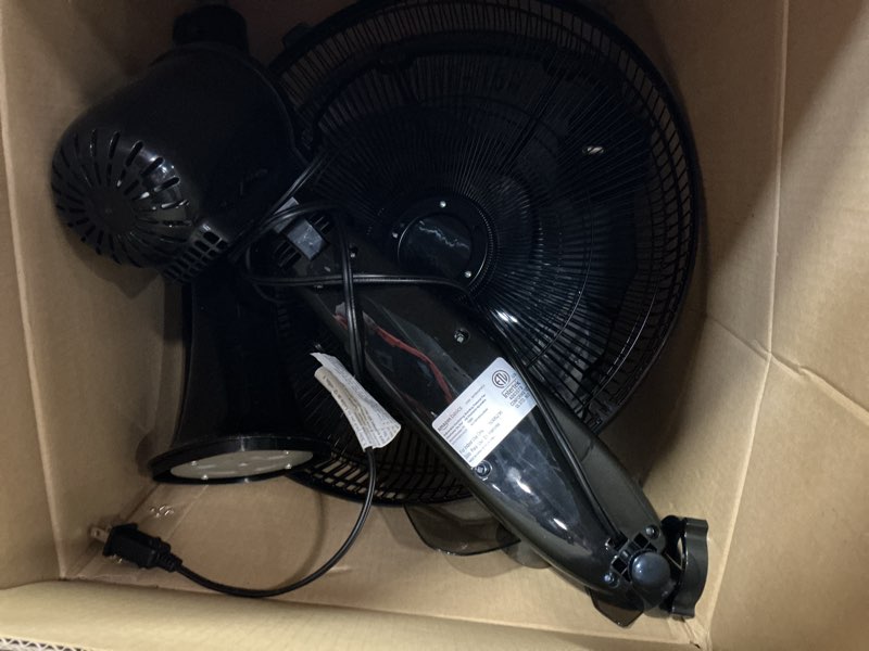 Condition photo showing As Is for amazon basics 16" pedestal fan with remote for bedroom, living room, office, adjustable height, dual-layered blades, 3 speeds, 3 modes, timer, tilt head, 60w, black 3-speed, ac motor