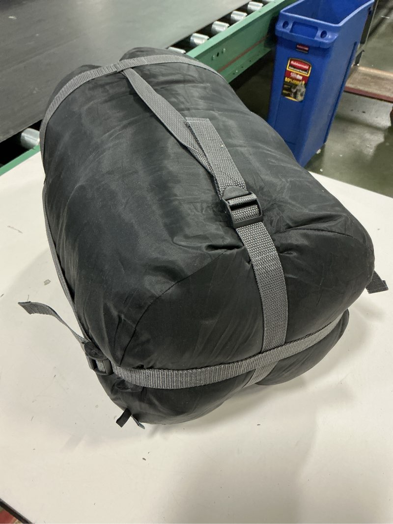 Condition photo showing As Is for Tuphen Double Sleeping Bag, Sleeping Bag with 2 Pillows, Queen Size XL Bag for 2 People, Cold Warm Weather- 3 Seasons, Waterproof Adults for Camping, Backpacking or Hiking Black Grey