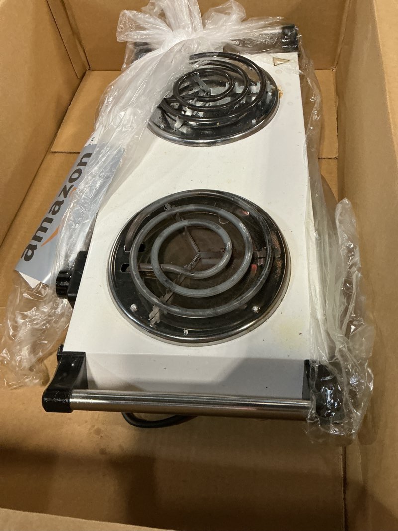 Condition photo showing As Is for moclever hot plate electric stove, 2000w portable cooking stove w/cooling handle, 5 levels of adjustable temperature, countertop burners dual coil burner for home rv camping, fits all cookware 4271-silver