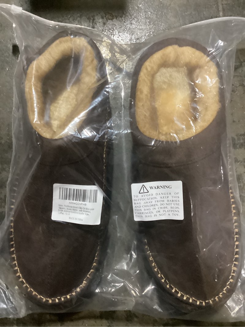 Condition photo showing Good Condition for Men’s Slip-On Moccasin Slippers, Warm Winter Microsuede House Shoes with Memory Foam, Indoor and Outdoor Loafer Style 13-14 Coffee