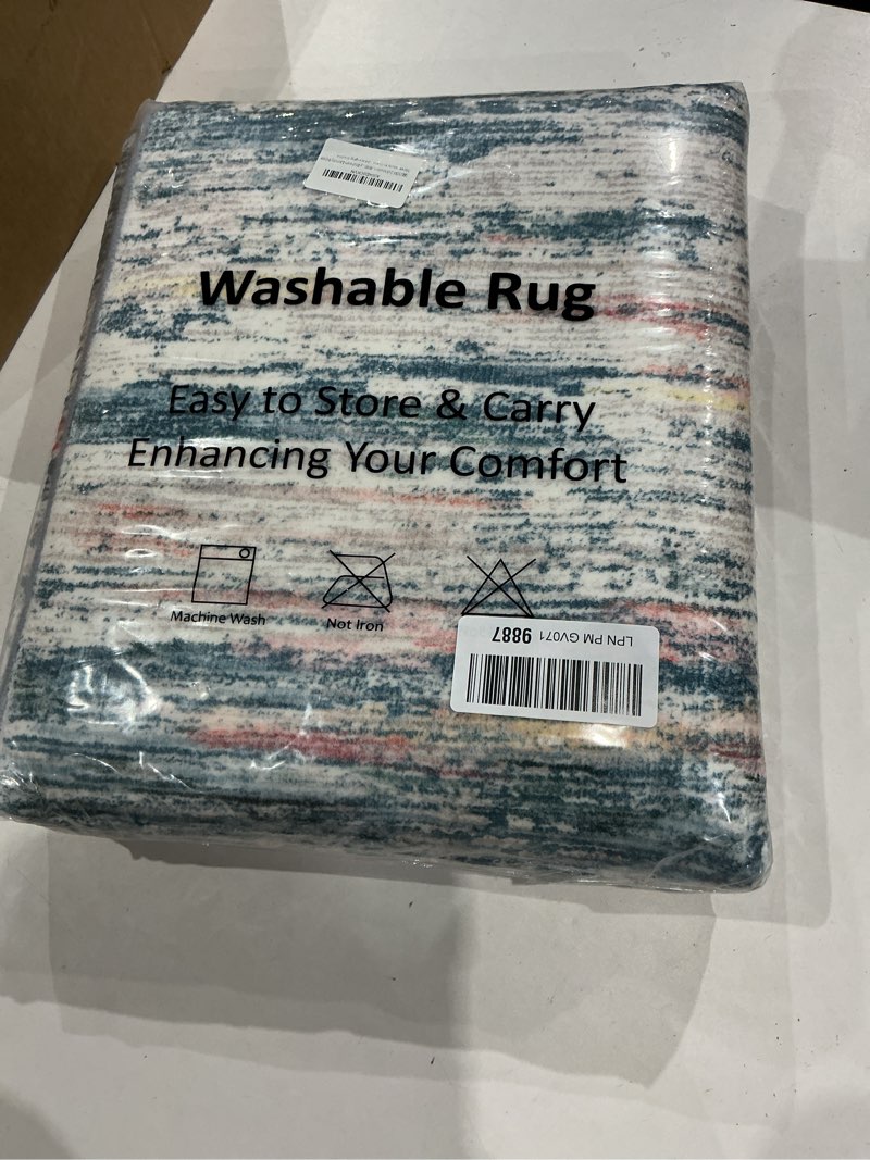 Condition photo showing Good Condition for siiloom 2x8 modern abstract runner rug for hallways, teal blue peach gray multi super soft hallway decor kitchen rugs with non-slip, non-shedding washable rug for entryway bedroom laundry indoor teal/blue/peach/gray/multi 2' x 8' (runner)