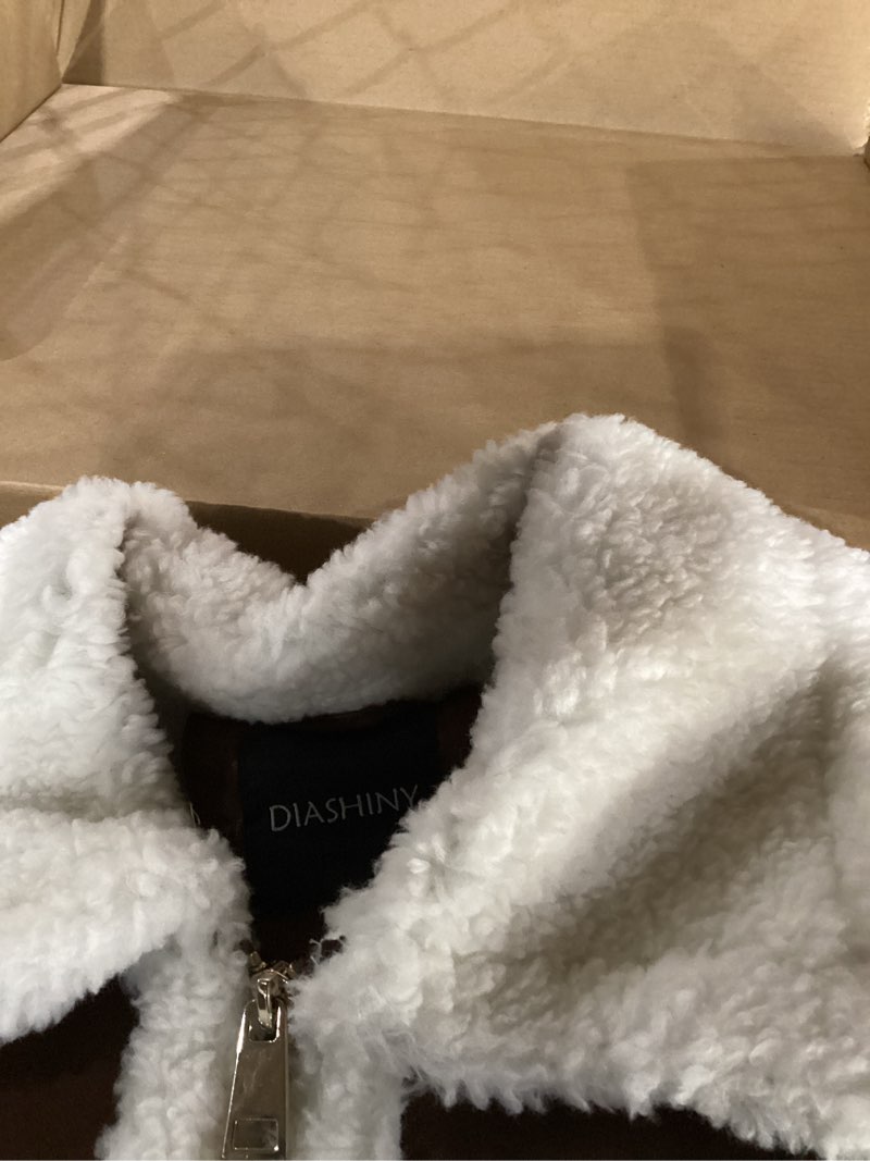 Condition photo showing As Is for DIASHINY Women's Faux Shearing Fur Winter Coat Warm Thick Fur Lined Faux Leather Jacket Medium 038 Brown