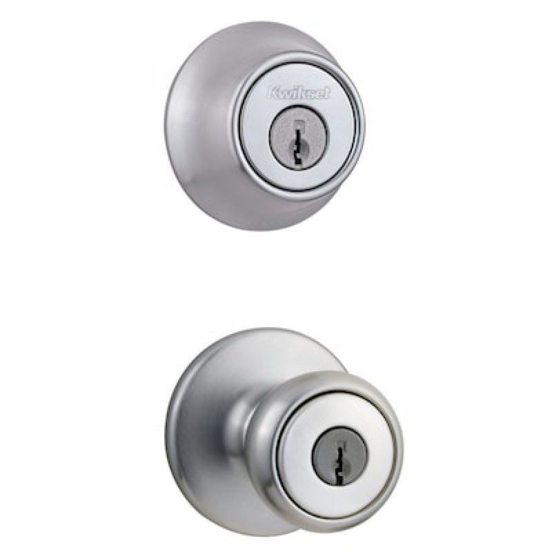 kwikset tylo satin chrome exterior single-cylinder deadbolt and keyed entry door knob combo