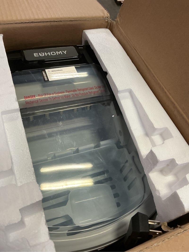 Condition photo showing As Is for EUHOMY Smart Ice Makers Countertop -26lbs in 24 Hours, 9 Cubes Ready in 8Mins, Self-Cleaning Countertop Ice Maker, Portable Ice Maker with Ice Scoop and Basket, Perfect for Home/Kitchen/Office(Sliver Stainless Steel Silver
