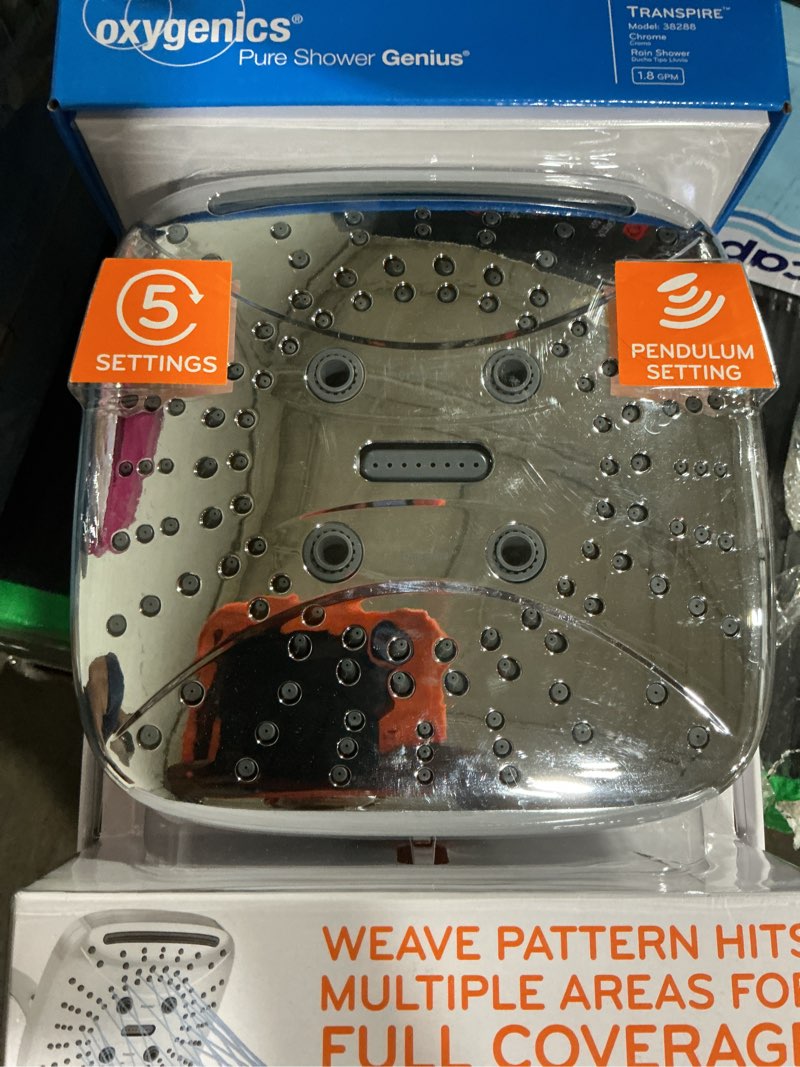 Condition photo showing As Is for oxygenics transpire 5-setting rain shower head, various finishes