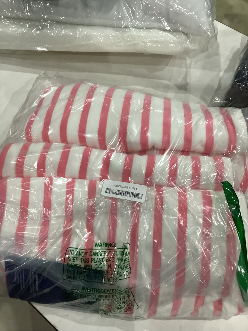 Condition photo showing New/Like New for jml beach towels, 4 pack, 30" x 60", large microfiber bath towel set, cabana stripe, absorbent, quick dry for salon, sauna, hotel, travel, sport, swimming, pool, yoga, camping, stripe pink white microfiber stripepink 4 pack towel set