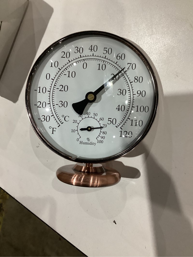 Condition photo showing New/Like New for 4’’ Outdoor Thermometer Hygrometer - Solid Brass Analog Temperature Gauge with Stand, No Battery Required Weather Dial Hygrometer Thermometer for Home, Office, Table or Decorative 4 in